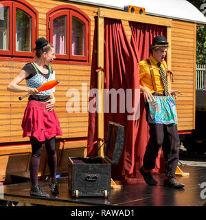 Traveling pantomime company called `Tarkabarka` show in Sopron, Hungary on May 27th 2017. Expressions: cocky and astonished Stock Photo